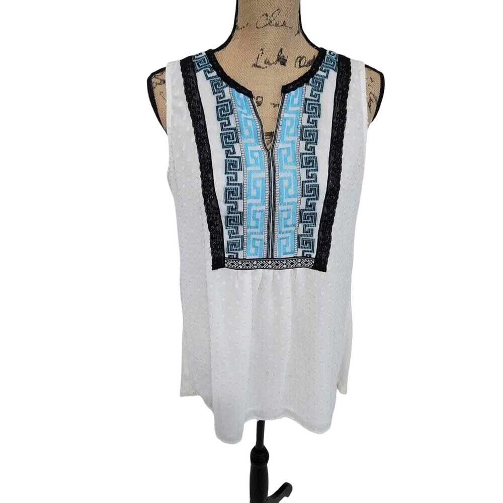 Ali miles White Clip Dot Sleeveless Tunic Top‎ Greek Key Embroidered Lace Trim